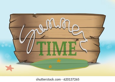 summer time is the inscription in the rope on the boards. on blurred background Sunny beach. old surfboard lying on its side. vector illustration