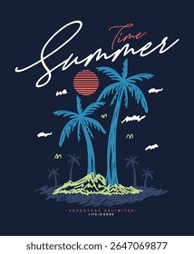 Summer time island hand drawn illustration, ready for print on paper poster, t-shirt and other uses.