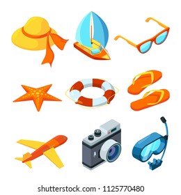 Summer time isometric. Travelling vector symbols. Illustration of camera and yacht, sunglasses and mask