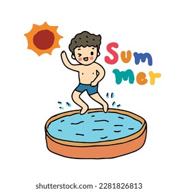 Tiempo de verano, niño saltando en piscina inflable, estilo vector dibujado a mano