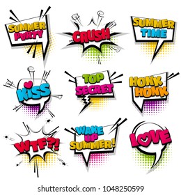 summer time kiss wtf love set hand drawn pictures effects template comics speech bubble halftone dot background pop art style. Comic dialog cloud, text pop-art. Idea conversation sketch explosion.