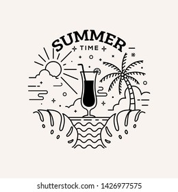Summer time label flat style with line art vector illustration
