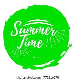 Summer Time label. Font with Brush. Summer and Beach badges. Vector illustration icon with Sunburst.