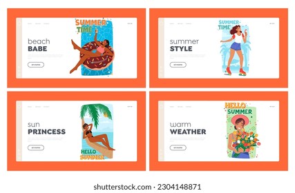 Summer Time Landing Page Template Featuring Cheerful Women Characters Enjoying Summer Activities, Relax in Pool. Banners Perfect For Decorating Homes And Offices. Cartoon People Vector Illustration
