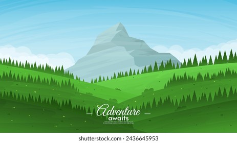 Summer time landscape. Beautiful mountains with hills and forest. Clear blue sky. Touristic banner or background. Design for invitation.