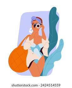 Summer time leisure concept. Woman in casual clothes with camera. Vacation and holiday. Girl take shot. Poster or banner. Cartoon flat vector illustration isolated on white background