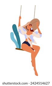 Summer time leisure concept. Woman in casual clothes at swings. Vacation and holiday. Girl sunbathing. Poster or banner. Cartoon flat vector illustration isolated on white background