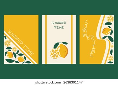 Summer Time Lemon Poster Set with Fresh Design. Minimal lemon-themed summer poster design in yellow and green. Perfect for seasonal flyers, greeting cards, or product packaging.