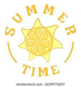 summer time lemon sun logo vector, bright citrus sunshine emblem for seasonal designs, work of hand drawn