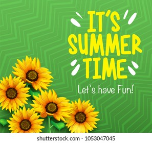 It's Summer Time Let's Have Fun Poster with 3D Sunflowers in Green Gradient Background with Pattern. Vector Illustration