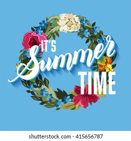 Summer Time Lettering Background with floral Wreath on pink. Vector illustration.