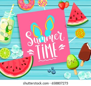 Summer time  lettering  card on blue wooden background with flip flops, watermelon, detox, ice, donut, ice cream, lime and candy. Vector Illustration.