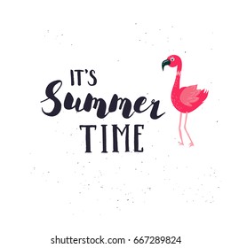 It's summer time lettering. Cute hand letter phrase and flamingo bird in cartoon style . Vector calligraphy concept perfect for card making