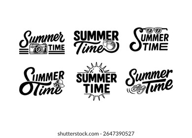 summer time lettering element designs set with camera, coconut, sunglasses, hat, sun, slippers. retro summertime typography illustration design collection for seasonal apparel and packaging