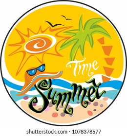 Summer time. Lettering.  Greeting. Sun, seagulls. Sun hat and sunglasses.  Sea and palm trees. Design concept for tourism. Vector.