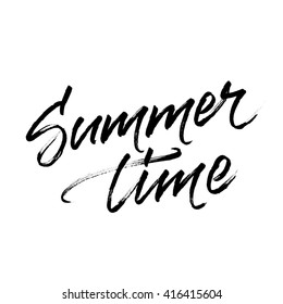 Summer time lettering with halftone effect texture. Vector modern calligraphic design isolated on white background. Inscription for summer card, banner, poster, party invitation or t-shirt design.