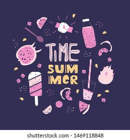 Summer time lettering in hand drawn frame  Dragon fruit flat hand drawn color illustration  Ice cream  dessert  smoothies cooked from dragon fruit  Message t  shirt print  banner  postcard  posters