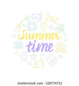 Summer time lettering with icons. Calligraphy font
