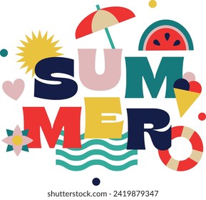 Hora de verano. Composición de letras e iconos en un diseño plano y vectorial. Símbolos vectoriales de verano.