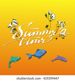 Summer time lettering illustration with jumping fish and high cotton typographic summer vector illustration with bright sunny background