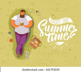 Summer time lettering illustration with a man laying on the grass and reading a book, and gadgets and bag scattered around him. View from above.