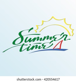 Summer time lettering illustration with stylized sun and sailing yacht typographic summer vector illustration isolated on white background