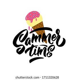 Summer time. lettering of label, logo, hand drawn tag and element for summer holiday, travel agency, beach vacation and party. Vector illustration.  Poster Isolated on white background.