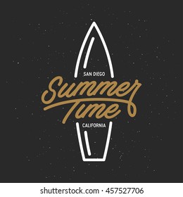 Summer time lettering poster. San Diego text. Surfing related t-shirt design. Vector vintage illustration.