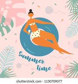 Summer time lettering. Pretty woman swims, tanning on life buoy. Girl floating on swimming circle with cocktail on tropical background. Inflatable circle. Summer holiday, vacation, travel