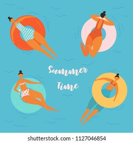 Summer time lettering. Pretty women swims, tanning on life buoy in swimming pool. Girl floating on swimming circle isolated on water background. Inflatable circle. Summer holiday, vacation, travel