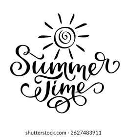 Summer Time lettering in script style. Black letters on white background. Brush hand written calligraphy style with flourish	