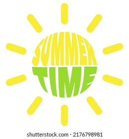 Summer time lettering in the shape of sun. Positive illustration, vacation and beach spirit. Print for sticker, clothes, cards, gifts, design and decor. Seasonal illustration. 