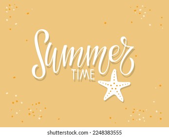 Grabado de verano con icono de estrella de pescado y fondo de playa. Para afiche, pancarta, cupón, afiche de verano. Caligrafía moderna de verano. Afiche marino con estrellas marinas frase de pescado verano tiempo de vacaciones