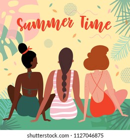 Summer time lettering text. Three women on vacation, sitting in swimsuit on the beach in an embrace and admiring the view. Black and white interracial group. Vector flat cartoon, tropical background