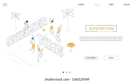 Summer time - line design style isometric web banner on white background with copy space for text. A header with happy boys and girls playing volleyball on the beach, sunbathing. Vacation concept