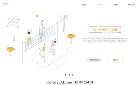 Summer time - line design style isometric web banner on white background with copy space for text. A header with boys and girls playing the beach volleyball.  