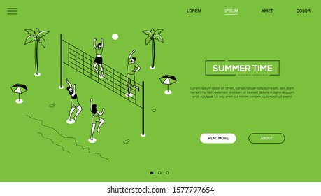 Summer time - line design style isometric web banner on green background with copy space for text. A header with happy boys and girls playing volleyball on the beach, sunbathing. Vacation concept