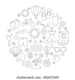 Summer time linear icons set:travel vacation,beach,hiking.Design for web, postcard,poster.Black thin line icons.Isolated on white background.Vector illusrtation
