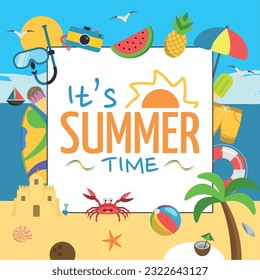 It's Summer Time Logo with Different Summer Elements and Beach Background - Palm Tree, Coconut, Ice Cream, Crab, Surfboard and Others VI