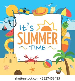 It's Summer Time Logo with Different Summer Elements and Beach Background - Palm Tree, Coconut, Ice Cream, Crab, Surfboard and Others II