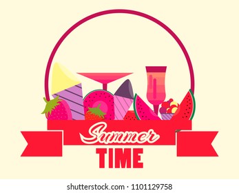 Summer time logo with fruits and ribbon. Ice cream, strawberries and glasses. Banner design. Vector illustration
