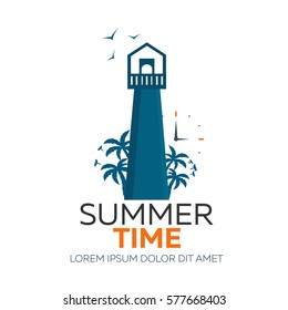 Summer time logo. Lighthouse with palm. Vector flat illustration