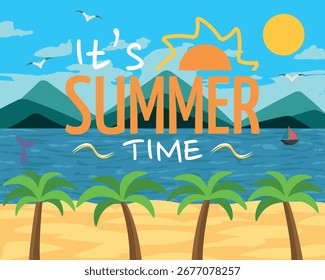 It's Summer Time Logo on Beach Landscape Illustration Art - Beautiful Sunny Beach with Palm Trees and Blue Sky.