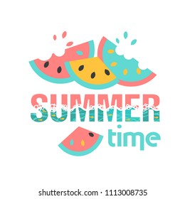 Summer time. Logo or summer slogan. Watermelons and the sea in popular colors. Flyer, postcard, poster or drawing for a fabric