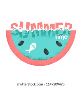 Summer time. Logo or summer slogan. Watermelons, fish and the sea in popular colors. Flyer, postcard, poster or drawing for a fabric. Abstract three-color vector image. Background theme of the sea