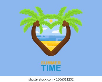 Summer Time. Summer time logo with two palm trees, beach, sea and blue sky.