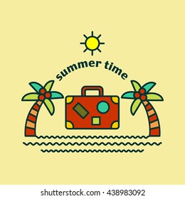 Summer time logo vector illustration. Palm tree, suitcase, sun and sea. Leisure, vacation, tourism, travel.