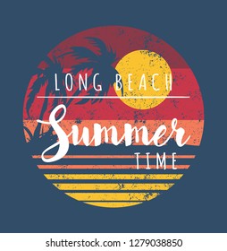 Summer time in Long Beach vector artwork for girl woman shirt grunge effect in separate layer