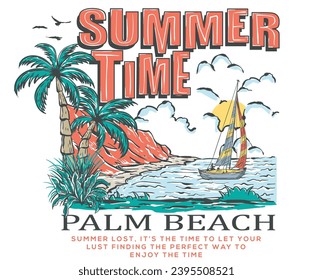 Summer time long beach. Beach vibes artwork for t shirt, poster, sticker. Summer good vibes. Paradise t shirt graphics design, typography slogan on palm trees background. Palm beach artwork. 