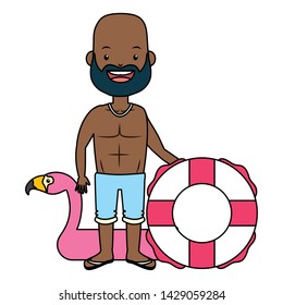summer time man with flamingo float and lifebuoy vector illustration